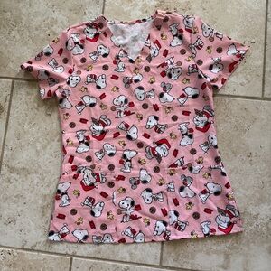Scrub Club Women’s Peanuts Santa Snoopy Christmas Pink Scrub Top Small